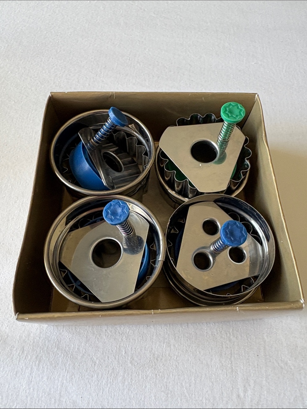 Set of 4 Stainless Steel Cookie Cutters with Press Handles - Blue & Green